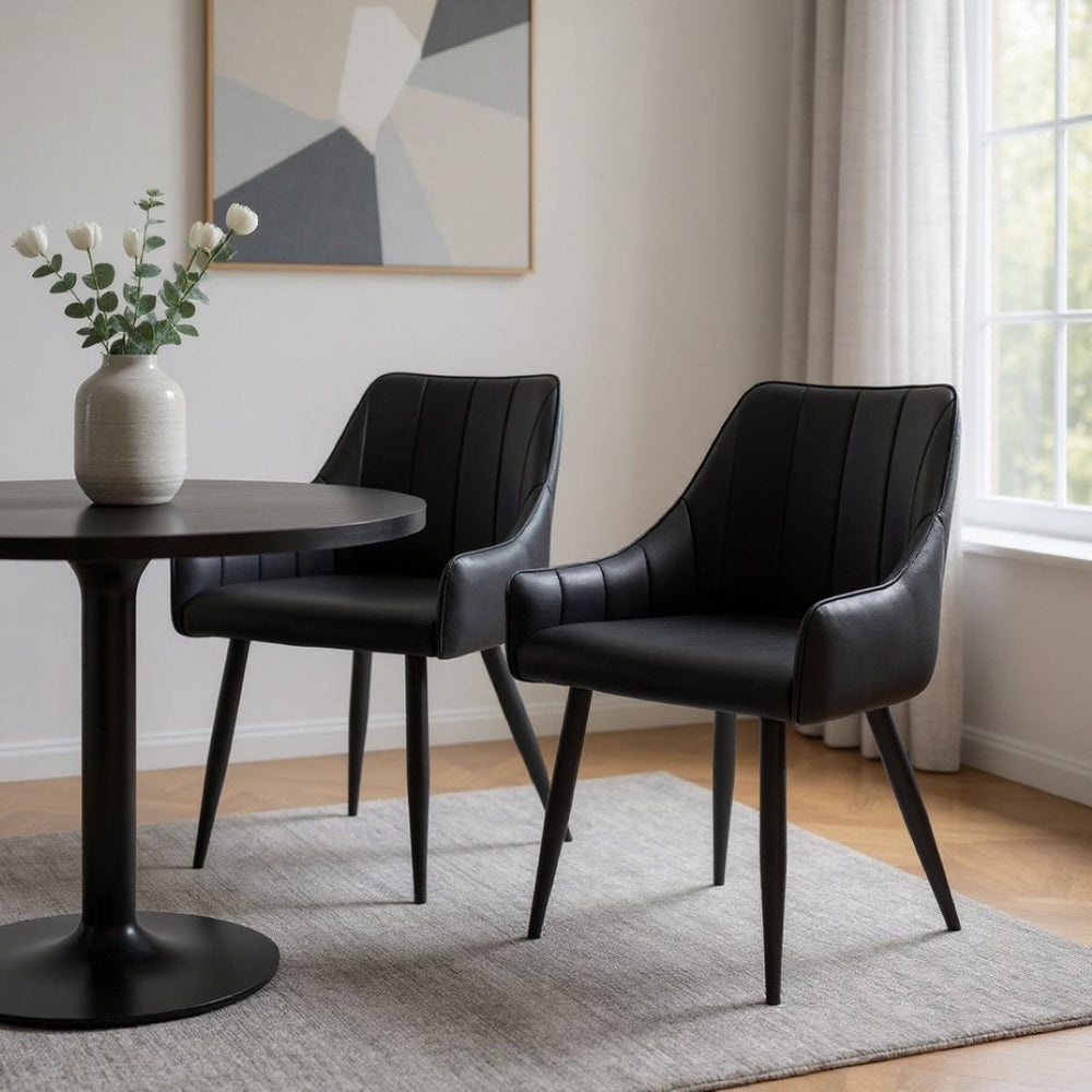 HomeRoots Set of Two Elegant Tufted Black Faux Leather Dining Arm Chairs for Modern Home Décor 490317