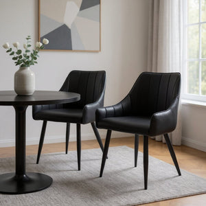 HomeRoots Set of Two Elegant Tufted Black Faux Leather Dining Arm Chairs for Modern Home Décor 490317