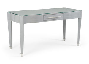 Wildwood Harlee Transitional Writing Desk In Gray Raffia With Tempered Glass Top, Felt-Lined Drawer & Nickel Pull 490318