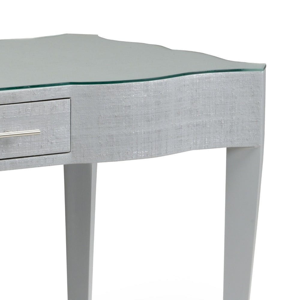 Wildwood Harlee Transitional Writing Desk In Gray Raffia With Tempered Glass Top, Felt-Lined Drawer & Nickel Pull 490318
