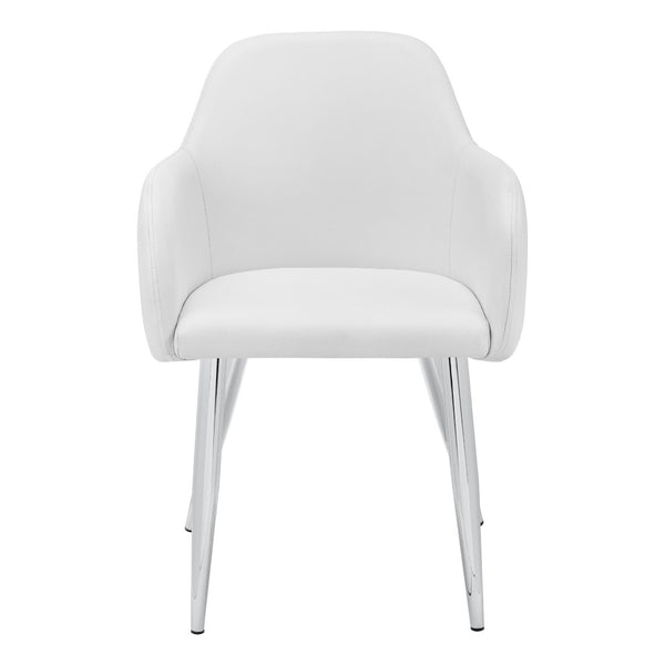 HomeRoots Set of Two Stylish White Faux Leather Dining Arm Chairs with Silver Metal Legs for Modern Spaces 490320