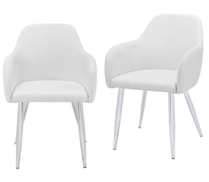 HomeRoots Set of Two Stylish White Faux Leather Dining Arm Chairs with Silver Metal Legs for Modern Spaces 490320