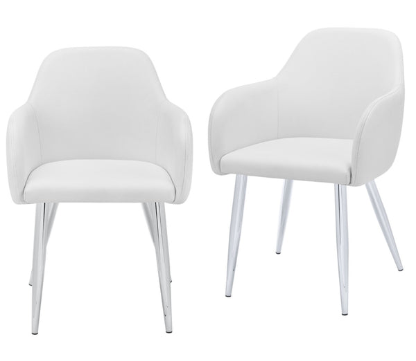 HomeRoots Set of Two Stylish White Faux Leather Dining Arm Chairs with Silver Metal Legs for Modern Spaces 490320