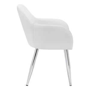 HomeRoots Set of Two Stylish White Faux Leather Dining Arm Chairs with Silver Metal Legs for Modern Spaces 490320