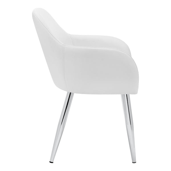 HomeRoots Set of Two Stylish White Faux Leather Dining Arm Chairs with Silver Metal Legs for Modern Spaces 490320