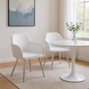 HomeRoots Set of Two Stylish White Faux Leather Dining Arm Chairs with Silver Metal Legs for Modern Spaces 490320