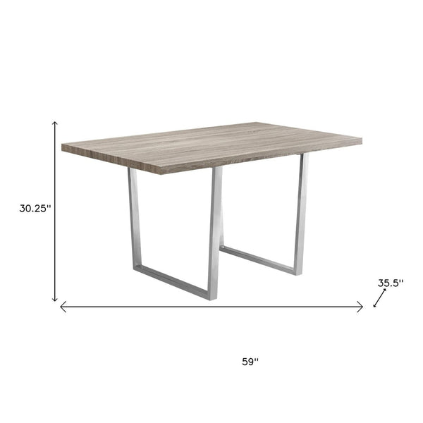 HomeRoots 59" Taupe and Silver Contemporary Solid Wood Dining Table with Sleek Metal Base for Modern Spaces 490328