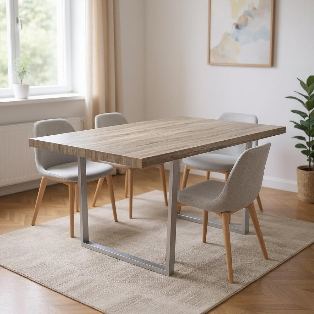 HomeRoots 59" Taupe and Silver Contemporary Solid Wood Dining Table with Sleek Metal Base for Modern Spaces 490328