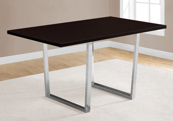 HomeRoots 59" Espresso and Silver Modern Solid Wood Dining Table with Sleek Metal Sled Base for 4 People 490329