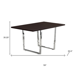 HomeRoots 59" Espresso and Silver Modern Solid Wood Dining Table with Sleek Metal Sled Base for 4 People 490329
