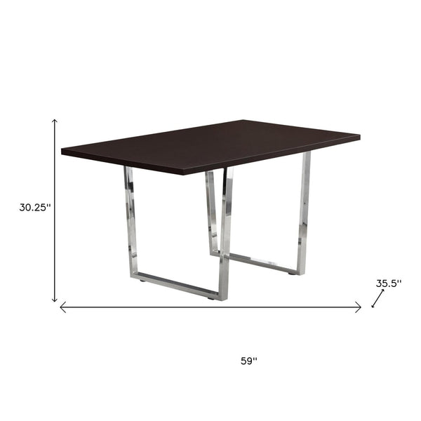 HomeRoots 59" Espresso and Silver Modern Solid Wood Dining Table with Sleek Metal Sled Base for 4 People 490329