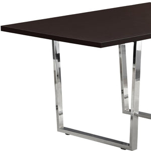 HomeRoots 59" Espresso and Silver Modern Solid Wood Dining Table with Sleek Metal Sled Base for 4 People 490329