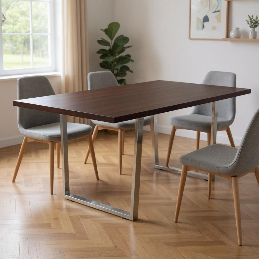 HomeRoots 59" Espresso and Silver Modern Solid Wood Dining Table with Sleek Metal Sled Base for 4 People 490329