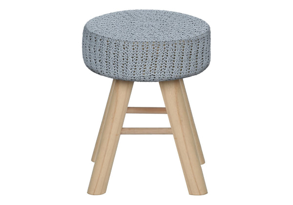 HomeRoots 12" Gray Fabric Ottoman – Versatile Round Footrest & Accent Table with Natural Wood Base for Small Spaces 490335