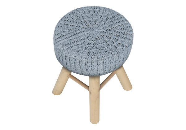 HomeRoots 12" Gray Fabric Ottoman – Versatile Round Footrest & Accent Table with Natural Wood Base for Small Spaces 490335