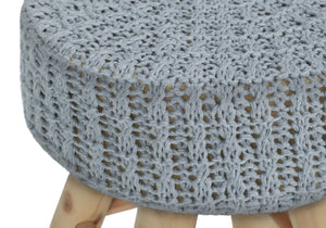 HomeRoots 12" Gray Fabric Ottoman – Versatile Round Footrest & Accent Table with Natural Wood Base for Small Spaces 490335