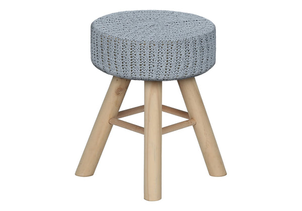 HomeRoots 12" Gray Fabric Ottoman – Versatile Round Footrest & Accent Table with Natural Wood Base for Small Spaces 490335