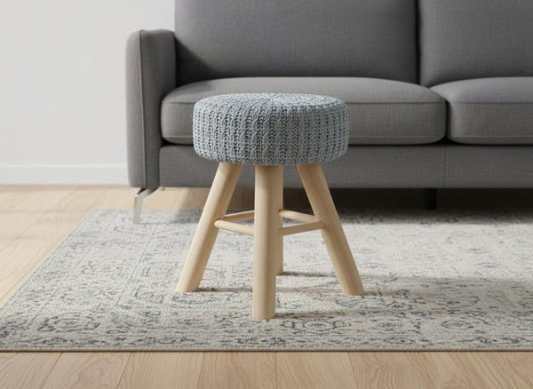 HomeRoots 12" Gray Fabric Ottoman – Versatile Round Footrest & Accent Table with Natural Wood Base for Small Spaces 490335