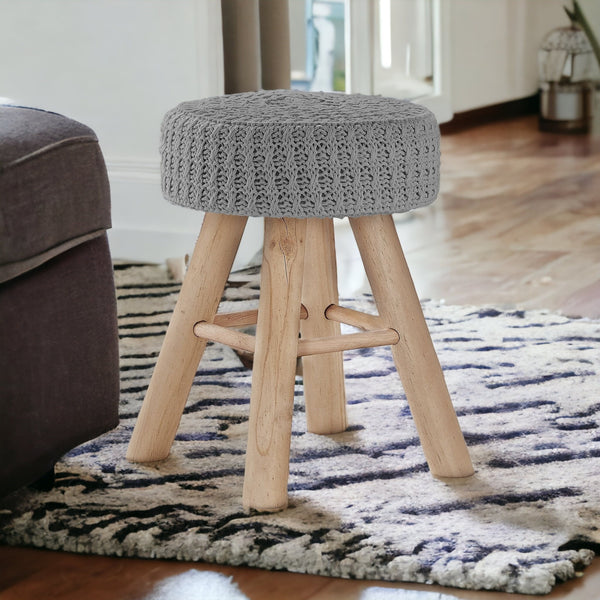 Homeroots 12" Gray Cotton Blend And Natural Round Ottoman   490335