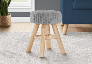 HomeRoots 12" Gray Fabric Ottoman – Versatile Round Footrest & Accent Table with Natural Wood Base for Small Spaces 490335