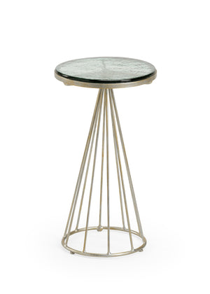 Wildwood Bubble Handcrafted Accent Table With Recycled Green Glass Top, Antique Silver Iron Frame, Compact Versatile Side Table 490336