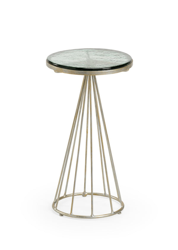 Wildwood Bubble Handcrafted Accent Table With Recycled Green Glass Top, Antique Silver Iron Frame, Compact Versatile Side Table 490336