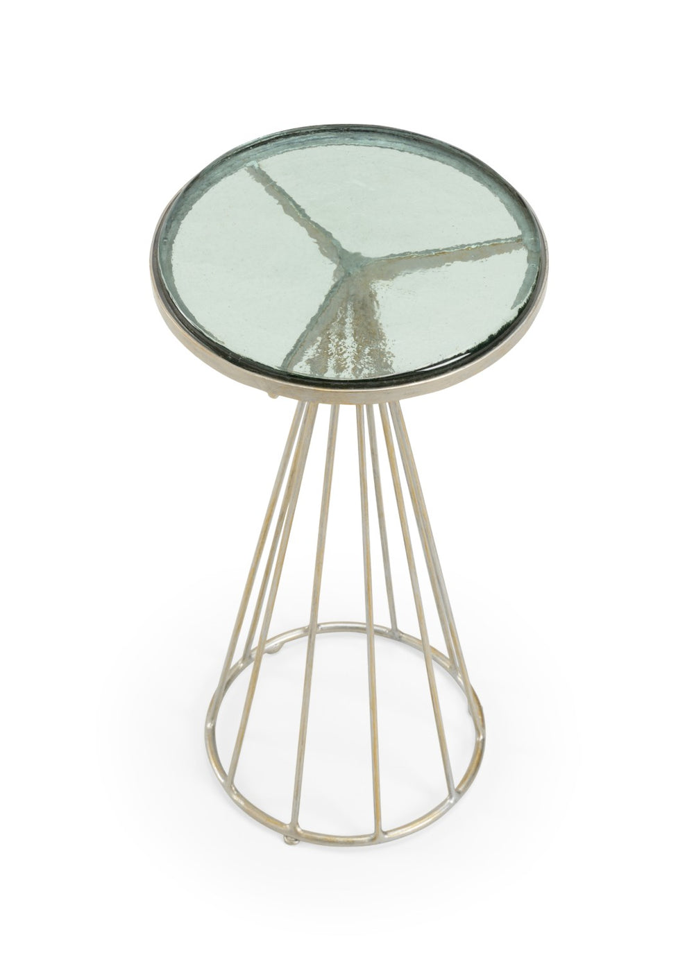 Wildwood Bubble Handcrafted Accent Table With Recycled Green Glass Top, Antique Silver Iron Frame, Compact Versatile Side Table 490336