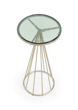 Wildwood Bubble Handcrafted Accent Table With Recycled Green Glass Top, Antique Silver Iron Frame, Compact Versatile Side Table 490336
