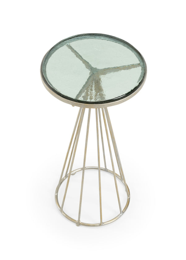 Wildwood Bubble Handcrafted Accent Table With Recycled Green Glass Top, Antique Silver Iron Frame, Compact Versatile Side Table 490336
