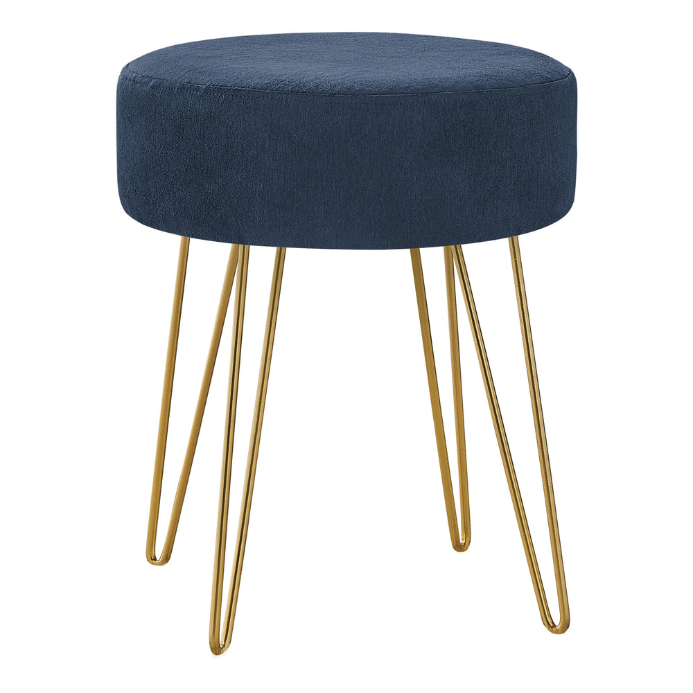 Homeroots 14" Blue Velvet And Gold Round Ottoman   490337