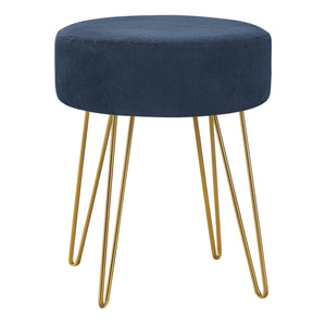 Homeroots 14" Blue Velvet And Gold Round Ottoman   490337