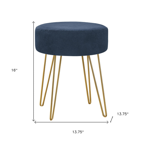 Homeroots 14" Blue Velvet And Gold Round Ottoman   490337