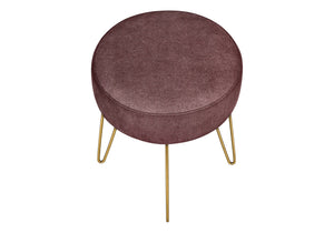 HomeRoots 14" Plum Round Ottoman with Gold Hairpin Legs - Stylish, Versatile Accent for Small Spaces & Decor 490339