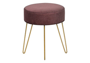 HomeRoots 14" Plum Round Ottoman with Gold Hairpin Legs - Stylish, Versatile Accent for Small Spaces & Decor 490339