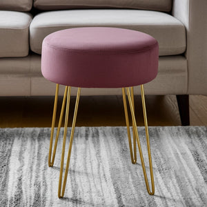 HomeRoots 14" Plum Round Ottoman with Gold Hairpin Legs - Stylish, Versatile Accent for Small Spaces & Decor 490339