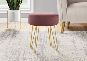 HomeRoots 14" Plum Round Ottoman with Gold Hairpin Legs - Stylish, Versatile Accent for Small Spaces & Decor 490339