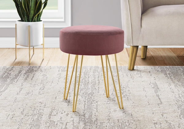 HomeRoots 14" Plum Round Ottoman with Gold Hairpin Legs - Stylish, Versatile Accent for Small Spaces & Decor 490339