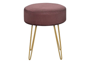 HomeRoots 14" Plum Round Ottoman with Gold Hairpin Legs - Stylish, Versatile Accent for Small Spaces & Decor 490339
