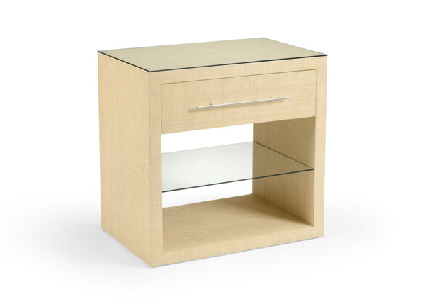 Wildwood Hazel Raffia Bedside Table With Tempered Glass Top, Drawer & Brushed Nickel Hardware For Style And Storage 490347
