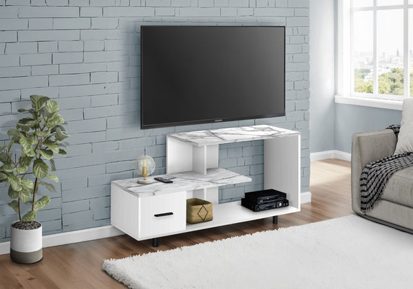 HomeRoots 47" White Cabinet TV Stand - Modern Enclosed Storage with Open Shelves for Living Room & Office Use 490356
