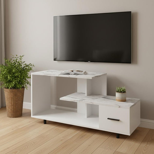 HomeRoots 47" White Cabinet TV Stand - Modern Enclosed Storage with Open Shelves for Living Room & Office Use 490356