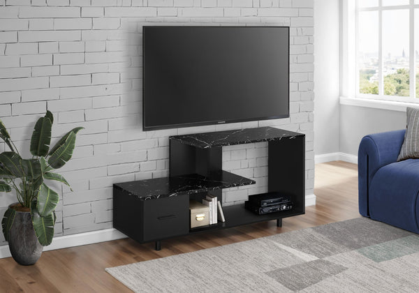 HomeRoots 47" Black Cabinet TV Stand with Enclosed Storage & Open Shelving for Modern Living Spaces & Decor 490357