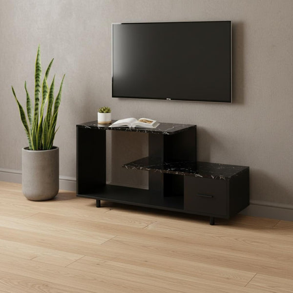 HomeRoots 47" Black Cabinet TV Stand with Enclosed Storage & Open Shelving for Modern Living Spaces & Decor 490357