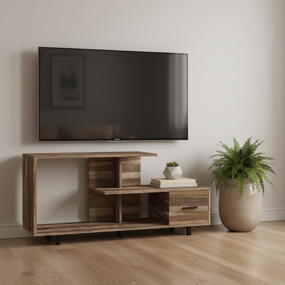 HomeRoots 47" Elegant Brown Enclosed Storage TV Stand - Stylish Media Console with Open Shelves & Cabinets 490358