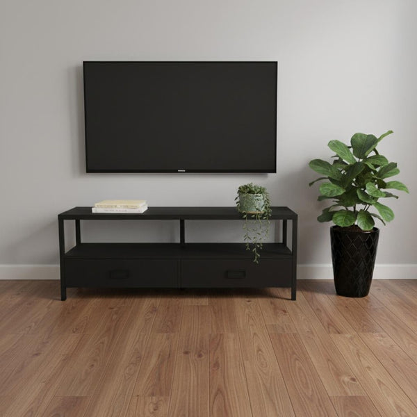 HomeRoots 47" Black Cabinet TV Stand - Modern Storage Solution for Compact Spaces, Stylish & Functional Design 490359