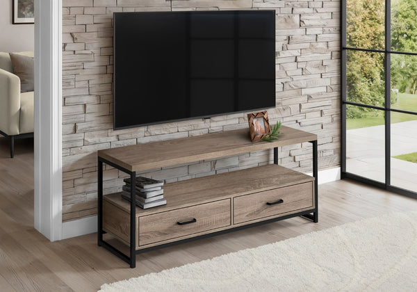 HomeRoots 47" Deep Taupe Cabinet TV Stand with Sleek Design, Open Shelves & Concealed Storage for Media Clutter 490360