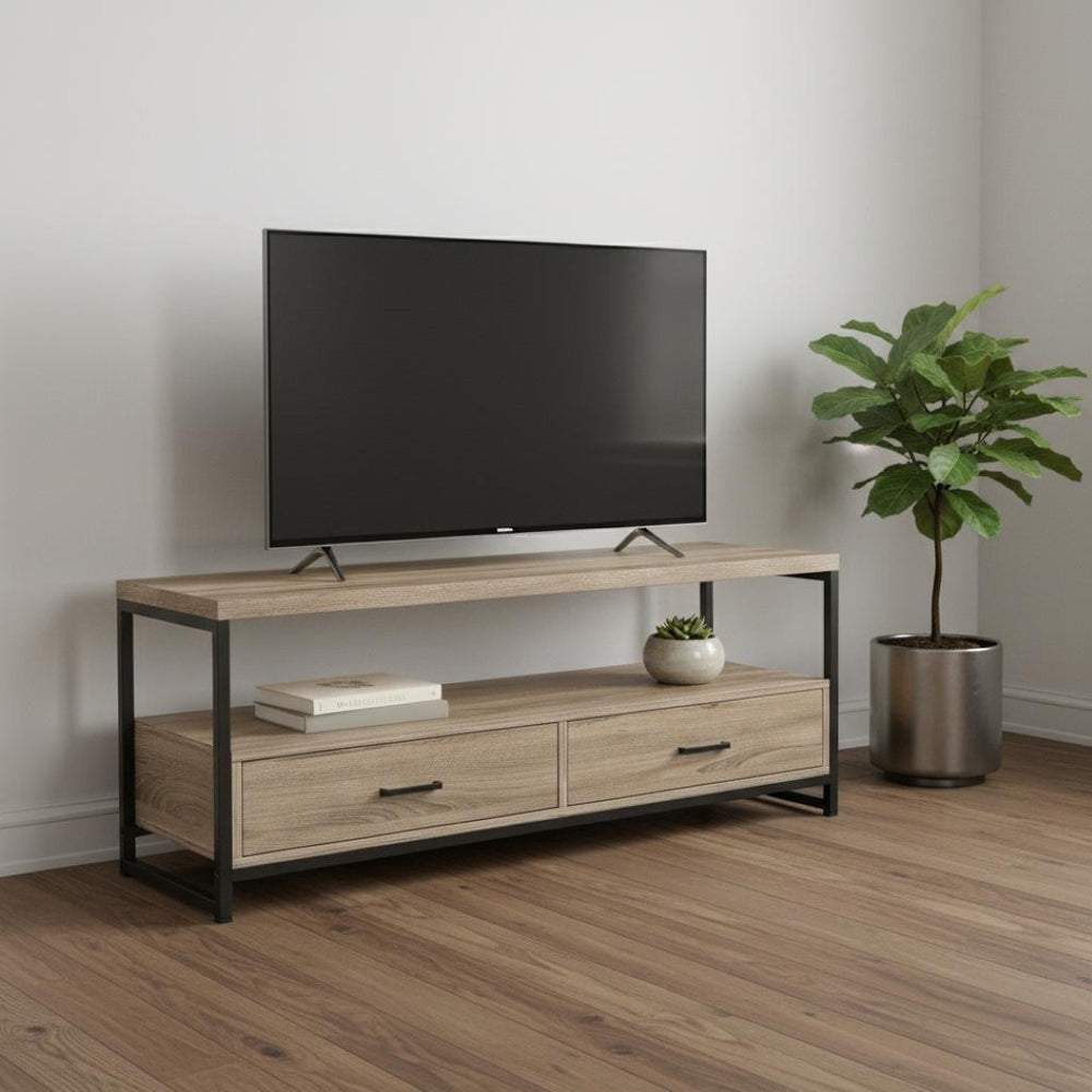 HomeRoots 47" Deep Taupe Cabinet TV Stand with Sleek Design, Open Shelves & Concealed Storage for Media Clutter 490360