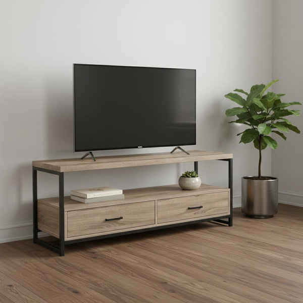 HomeRoots 47" Deep Taupe Cabinet TV Stand with Sleek Design, Open Shelves & Concealed Storage for Media Clutter 490360