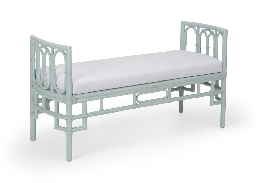Wildwood Camilla Bench With Whitewashed Blue Rattan, Removable Cushion, Coastal-Asian Style Seating For Two (54") 490364