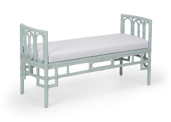 Wildwood Camilla Bench With Whitewashed Blue Rattan, Removable Cushion, Coastal-Asian Style Seating For Two (54") 490364